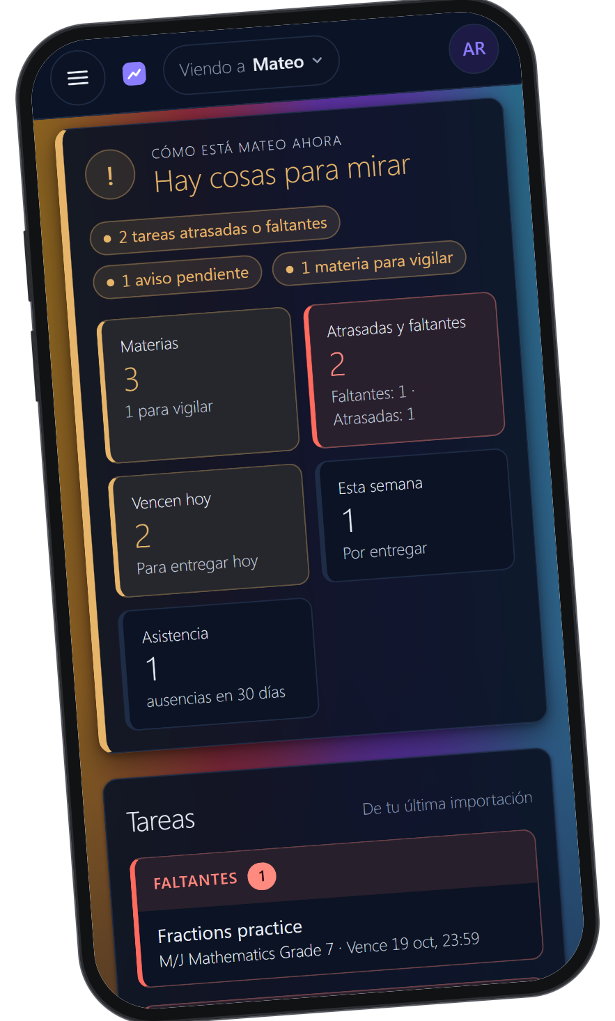 El resumen de EdRise en un celular: hay cosas para mirar, 2 tareas atrasadas o faltantes, 3 materias y 1 ausencia en 30 días (datos de ejemplo).