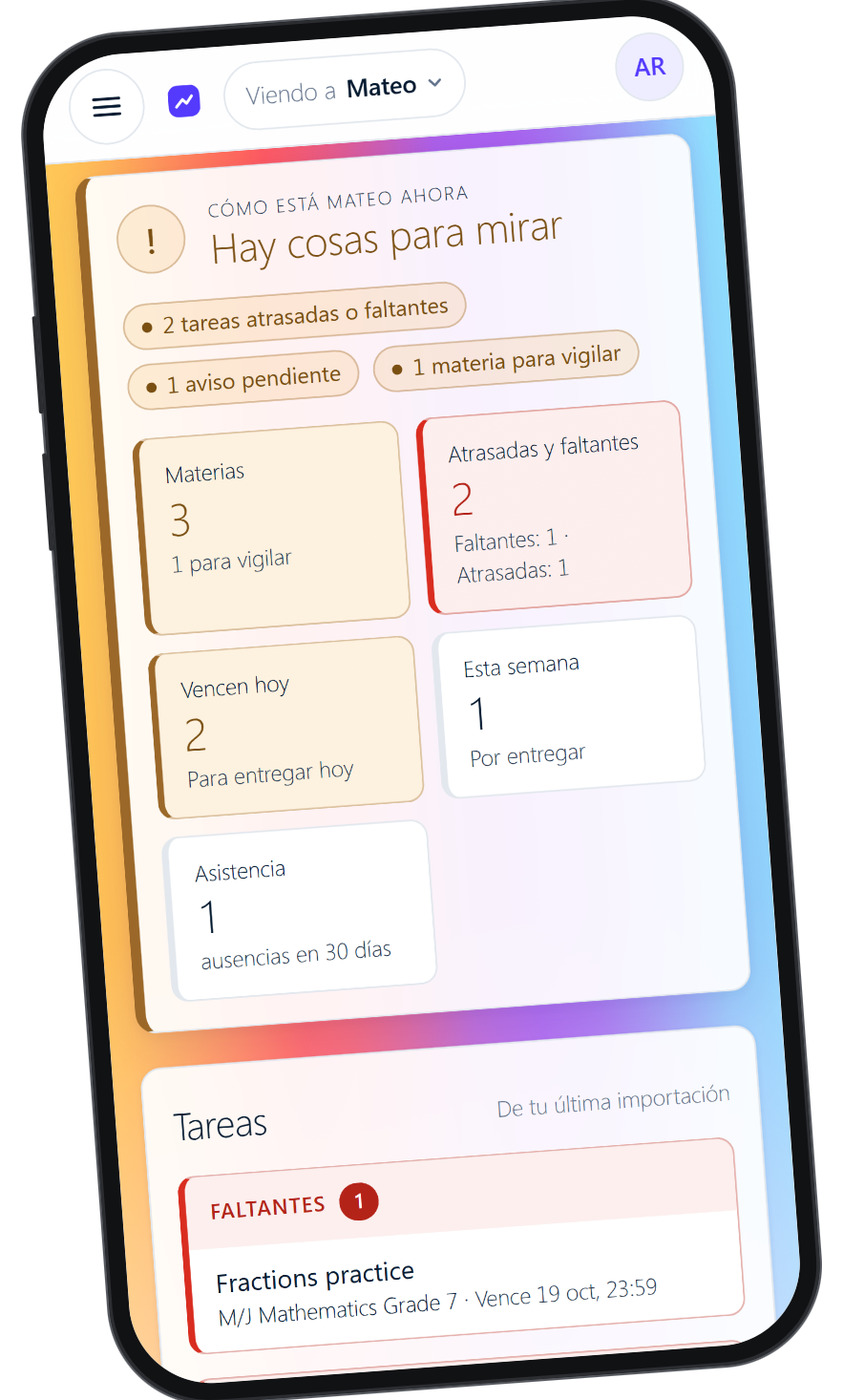 El resumen de EdRise en un celular: hay cosas para mirar, 2 tareas atrasadas o faltantes, 3 materias y 1 ausencia en 30 días (datos de ejemplo).