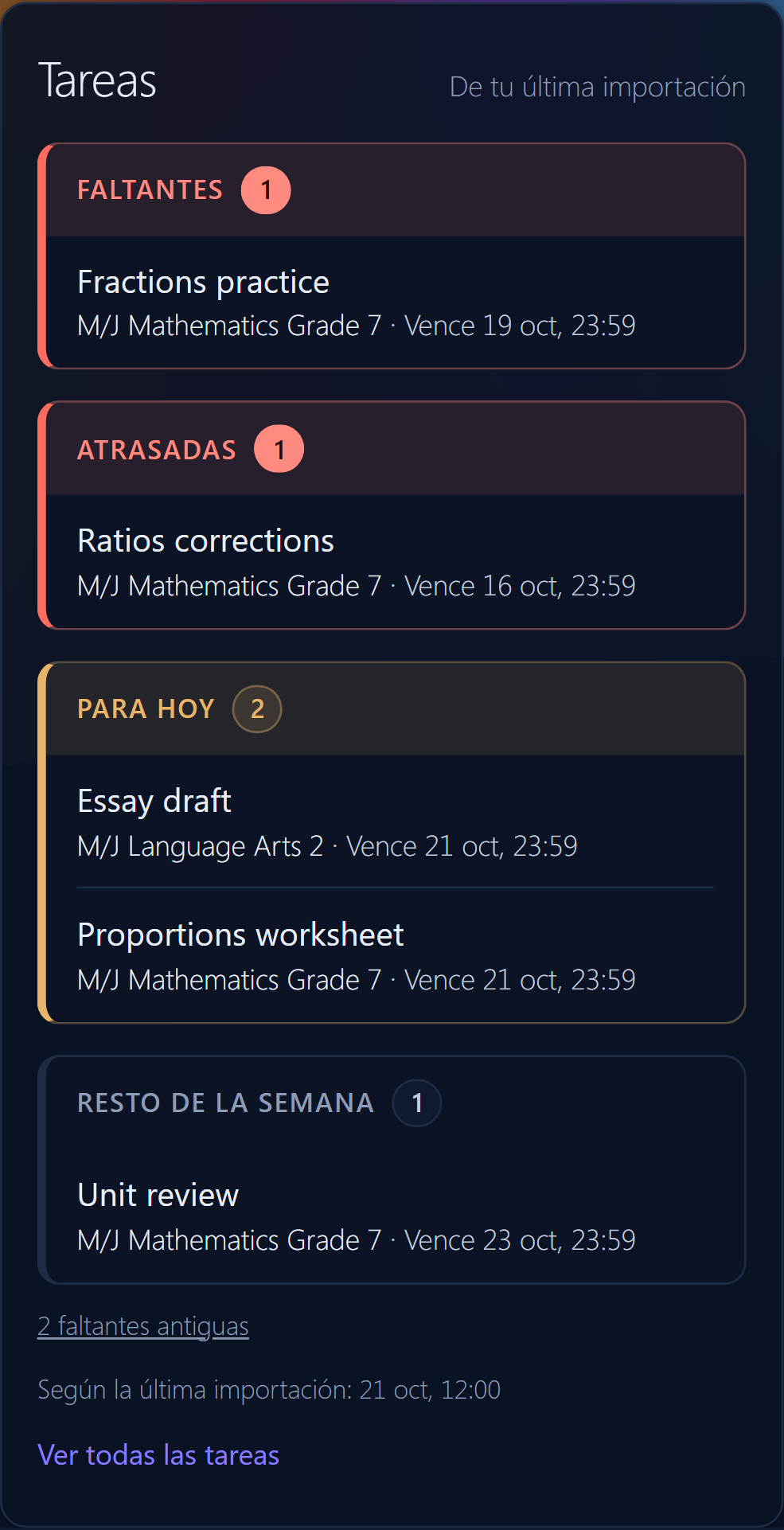 La lista de tareas del portal: 1 faltante, 1 atrasada, 2 para hoy y 1 para el resto de la semana (datos de ejemplo).