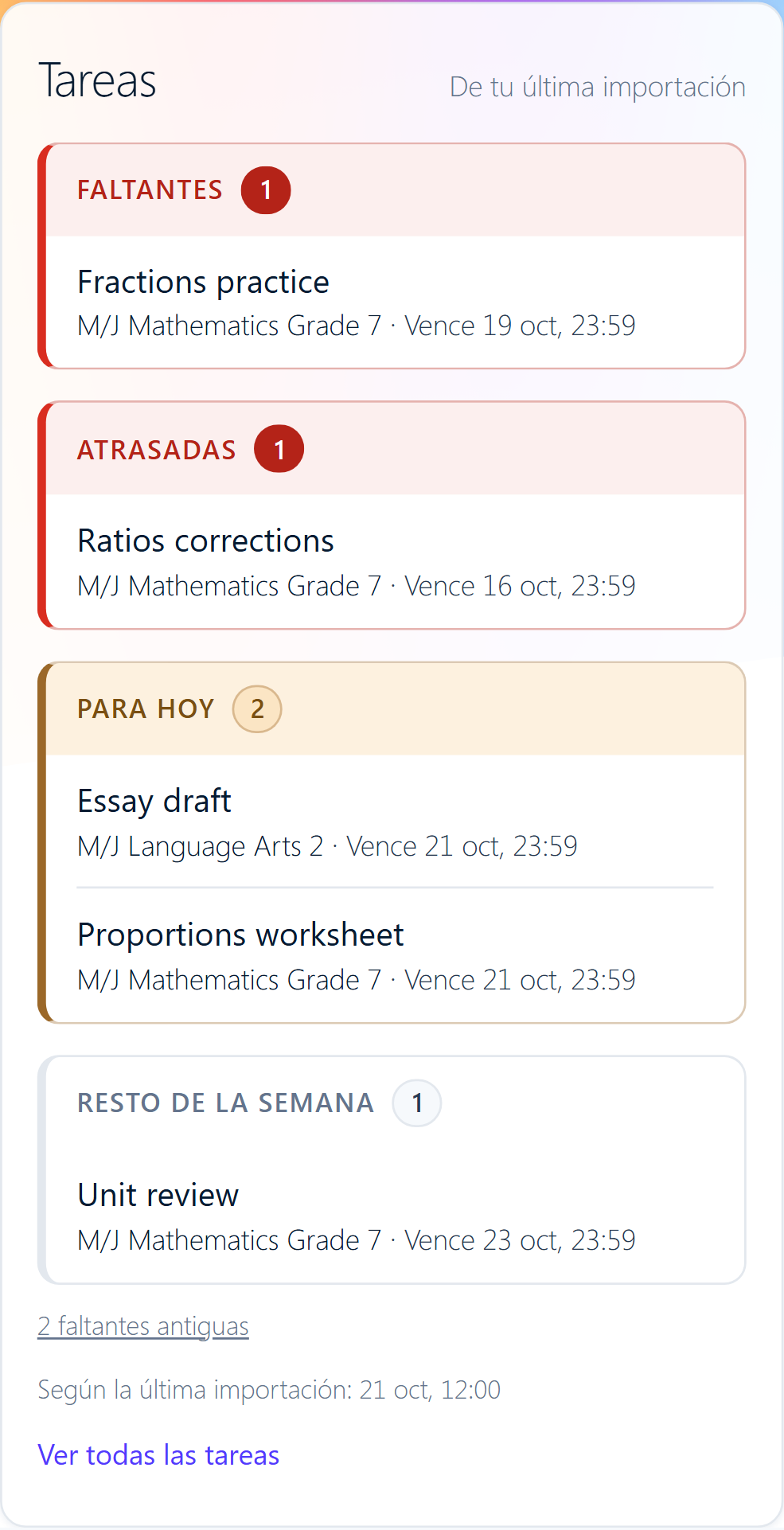 La lista de tareas del portal: 1 faltante, 1 atrasada, 2 para hoy y 1 para el resto de la semana (datos de ejemplo).