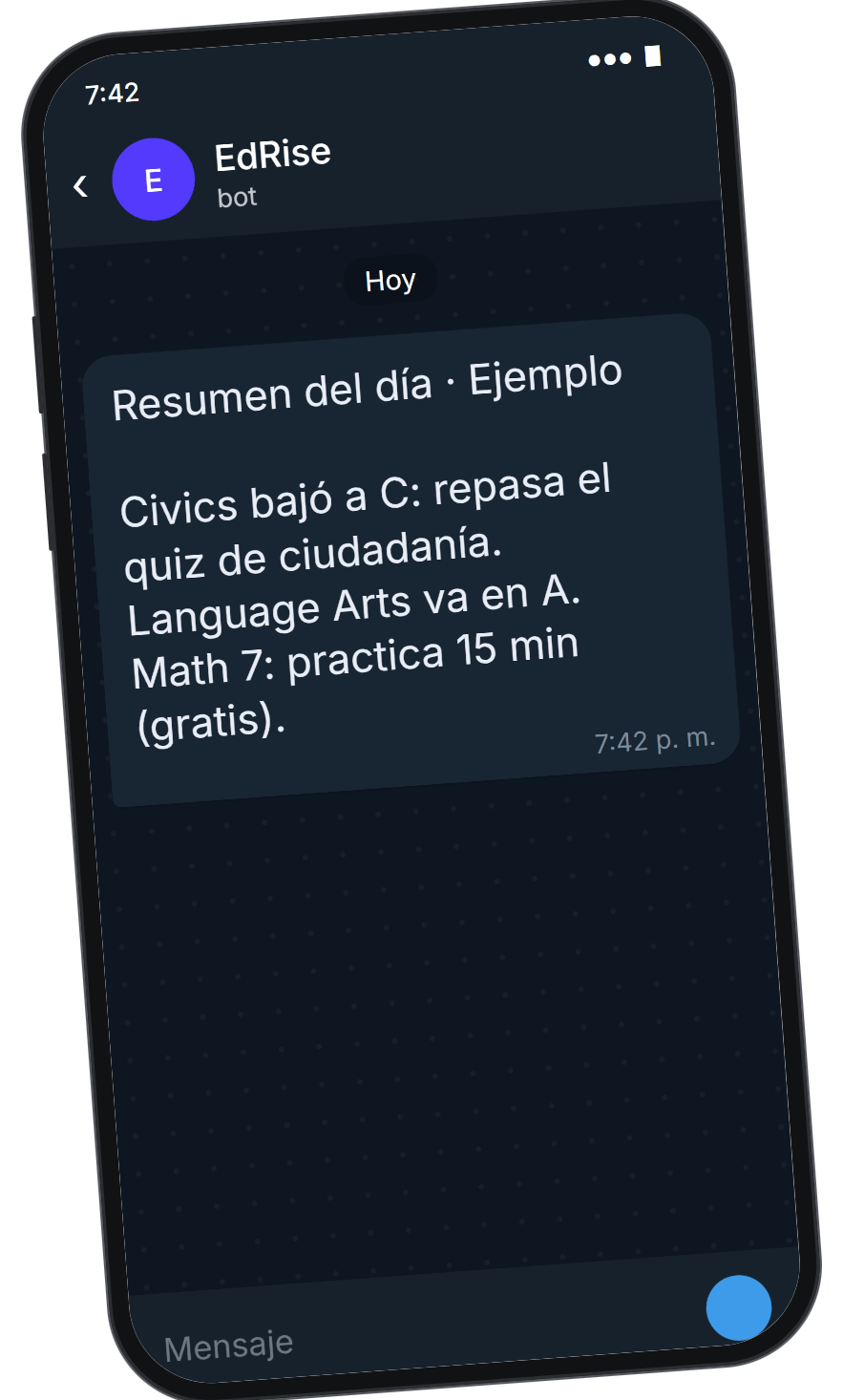 Mensaje de EdRise en Telegram: resumen del día, Civics bajó a C, repasa el quiz de ciudadanía; Language Arts va en A; Math 7, practica 15 minutos gratis (datos de ejemplo).