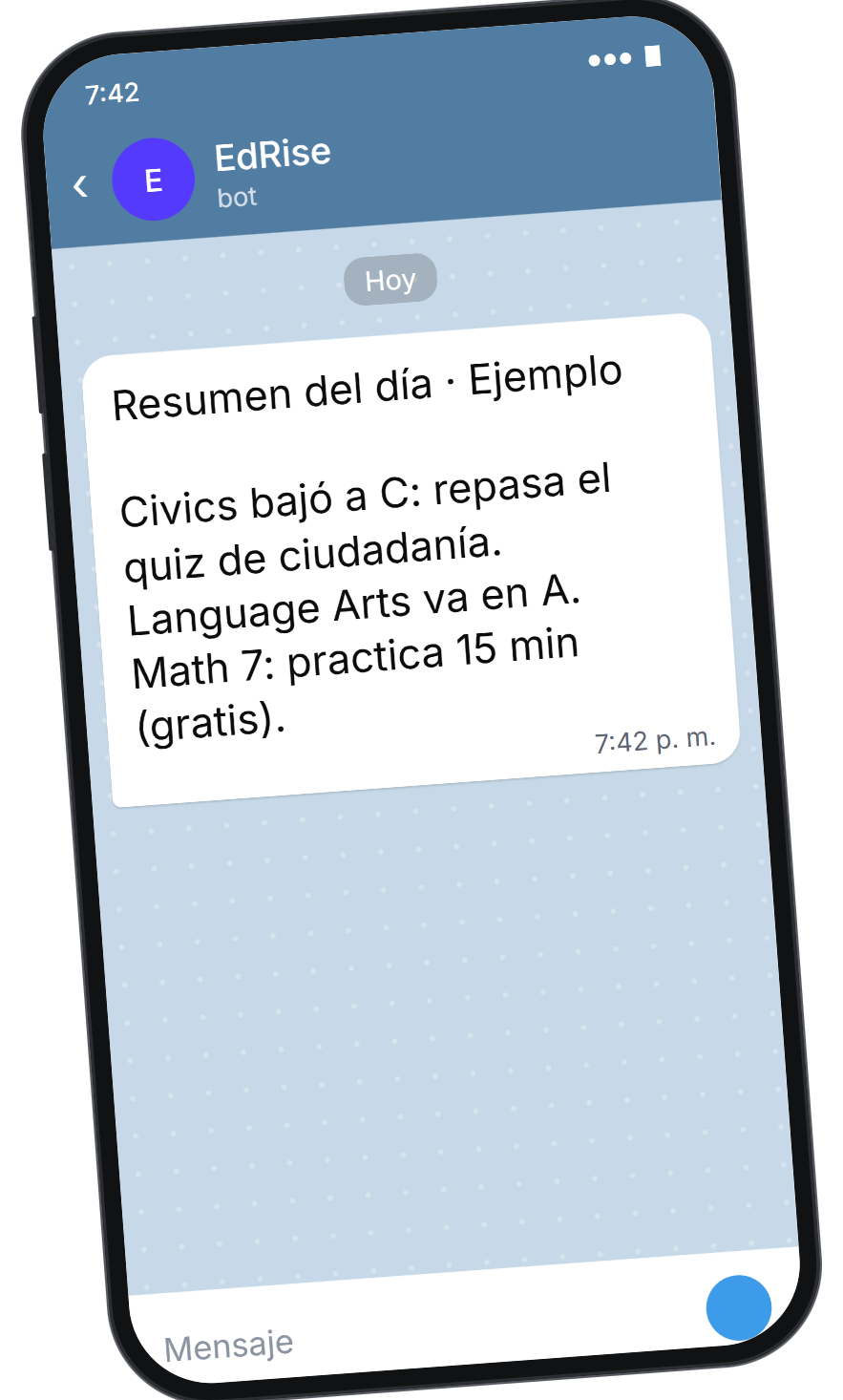 Mensaje de EdRise en Telegram: resumen del día, Civics bajó a C, repasa el quiz de ciudadanía; Language Arts va en A; Math 7, practica 15 minutos gratis (datos de ejemplo).